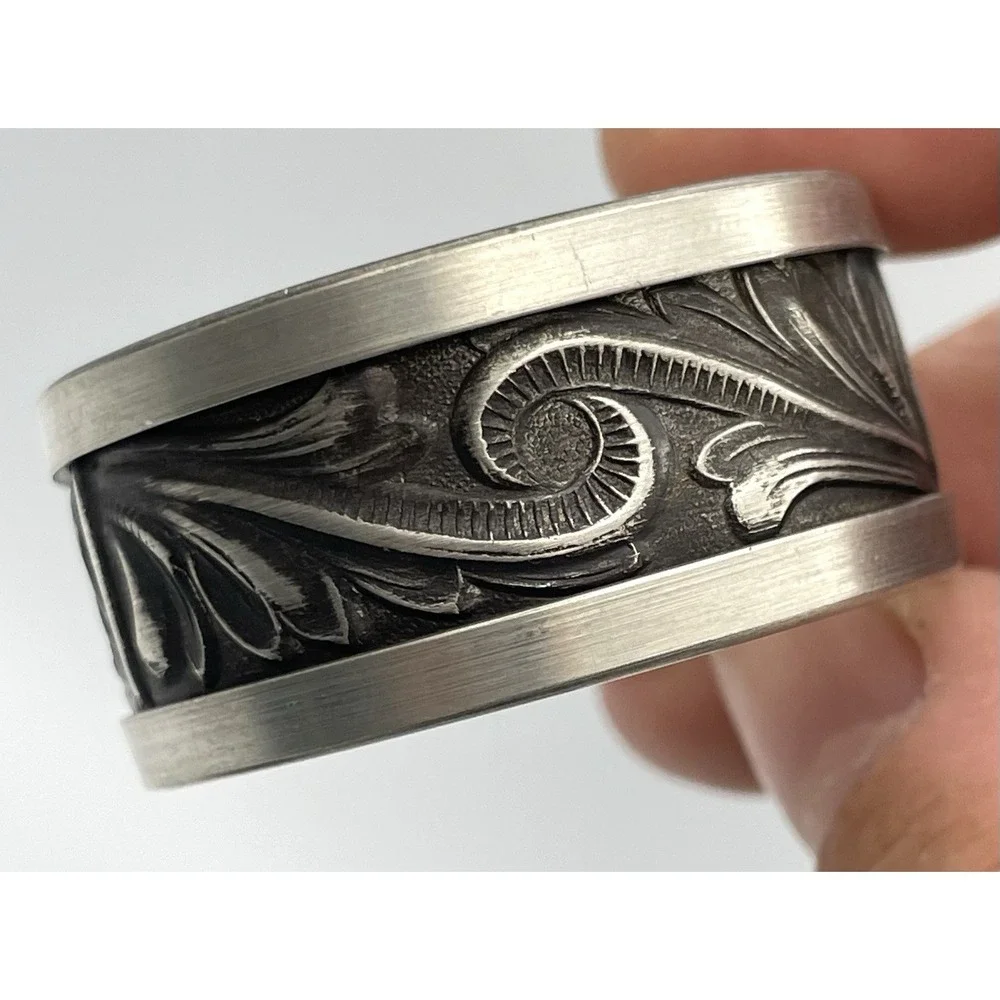 Vintage Set of 4 Norwegian Style Pewter Napkin Rings Embossed Scroll Design Box